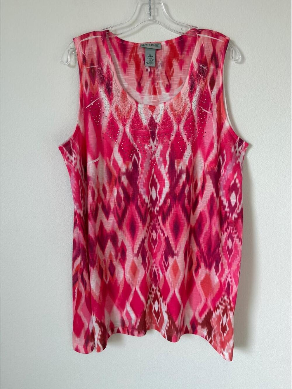 Catherines Sleeveless Embellishment Scoop Neck Pink Tone Geo Blouse Size 0X